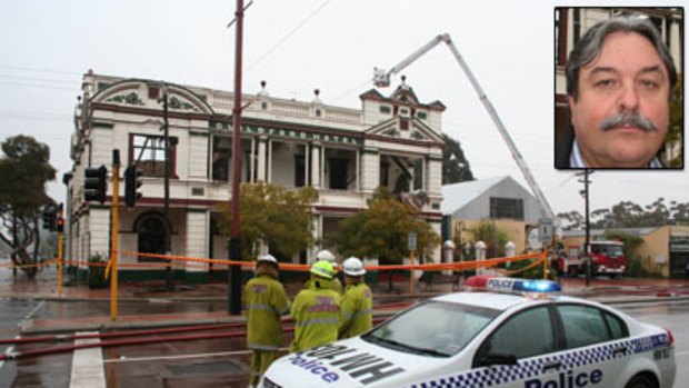 The remains of the Guildford Hotel which was gutted by fire. Owner Domenic Martino (inset).