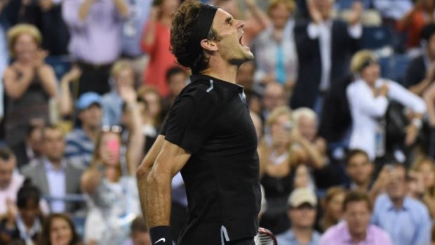 Sheer joy: Roger Federer celebrates after beating Frenchman Gael Monfils at the US Open.