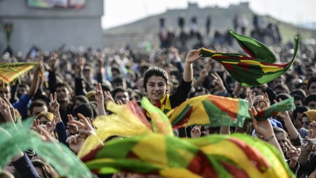 Kurdish celebrations in Suruc, near the Turkish-Syrian border, on Tuesday, following the defeat of IS in Kobane.