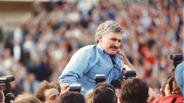 Mick Malthouse is hoisted in the air after the Eagles' Grand Final win against Geelong in 1992.