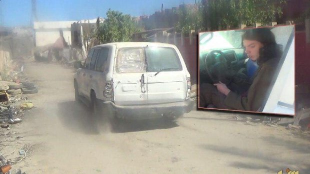A television screenshot of one of the cars reportedly involved in a suicide bombing and (inset) a youth who bears a strong resemblance to Melbourne teen Jake Bilardi.