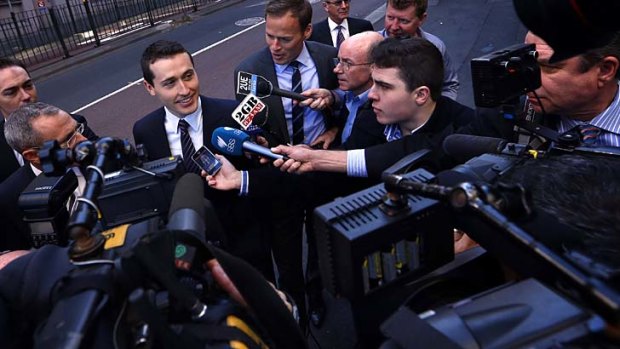 Bookmaker Tom Waterhouse faces the media pack as he arrives for the inquiry on Monday.