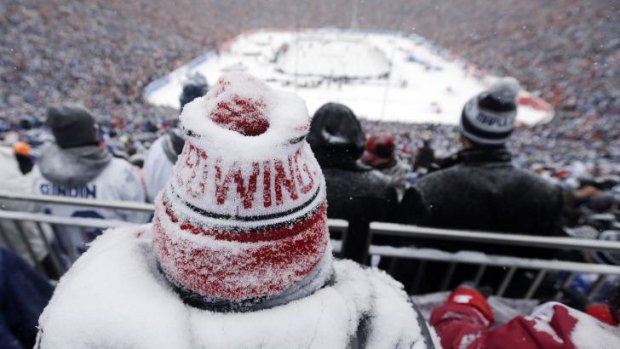 A Detroit Red Wings fan, coated with snow, watches the Winter Classic outdoor NHL hockey game against the Toronto Maple Leafs at Michigan Stadium in Ann Arbor, Michigan.