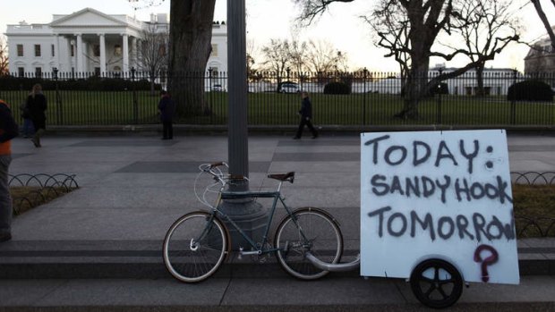 A bicycle at a protest in favor of gun control, held in reaction to a school shooting in Connecticut, on Pennsylvania Avenue in front of the White House in Washington, Dec. 14, 2012. A gunman killed 26 people, 20 of them small children, in a shooting on Friday morning at an elementary school in Newtown, Conn., the authorities said.