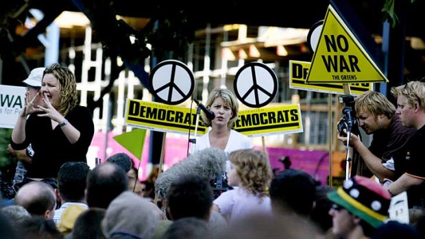 Natasha Stott-Despoja addresses an anti-war demonstration in Swanston street on February 14, 2003.