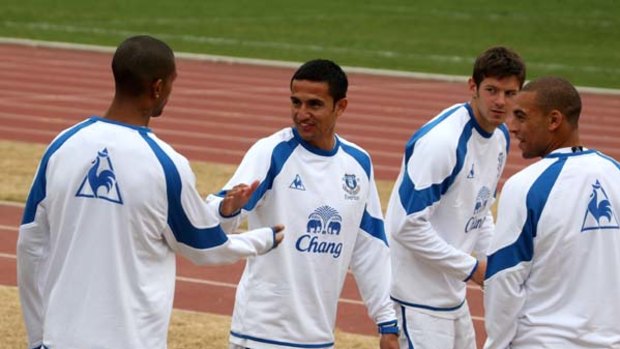 Toffee Tim ... Tim Cahill and Everton teammates prepare for Saturday's game against Sydney FC  yesterday.