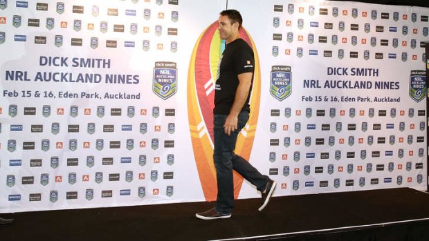 Brad Fittler of the Roosters walks on stage during the NRL Auckland Nines Jersey Launch on Wednesday.