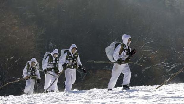 Members of the South Korean Special Warfare Forces take part in a winter exercise in Pyeongchang.