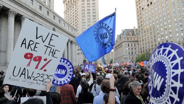 Members of trade unions join Occupy Wall Street protesters as they rally in Foley Square.