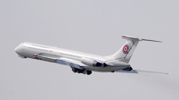 The Soviet-era Ilyushin-62M plane takes off from an airport in Dalian, China.