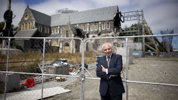 Former Christchurch mayor Bob Parker in front of the cathedral.