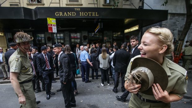 Private Elizabeth Smith of the 1/15 Royal NSW Lancer Band at the Anzac Day march in Sydney. 