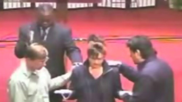 YouTube clip of Thomas Muthee (rear) blessing Sarah Palin.