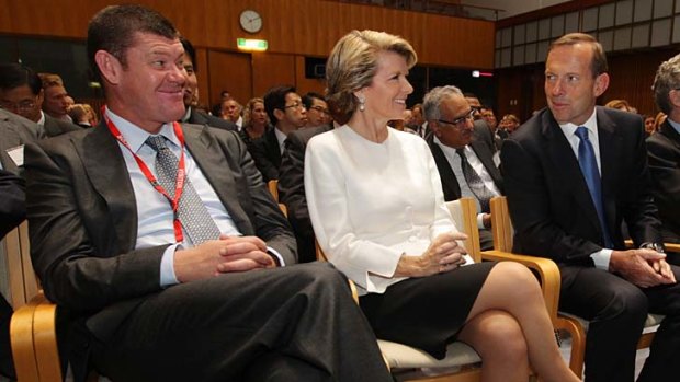 Tertiary talk: James Packer, Julie Bishop and Tony Abbott at a conference on the Coalition's New Colombo Plan on Friday.