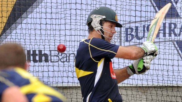 Swing and a miss &#8230; Ricky Ponting mistimes a pull shot at the team's batting boot camp in Melbourne yesterday.