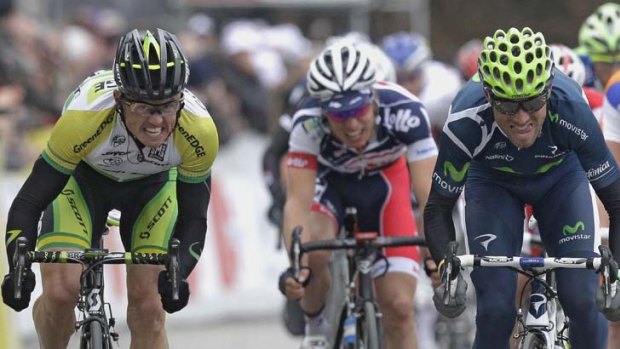 Edged out &#8230; Simon Gerrans, left, is pipped on the line by Spaniard Alejandro Valverde in stage three of the Paris-Nice race.