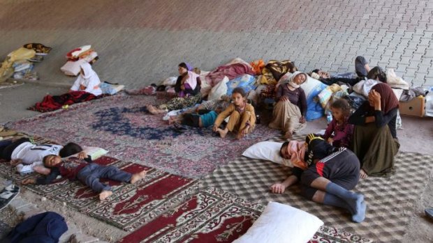 Displaced Iraqis from the Yazidi community settle under a bridge in Dahuk.
