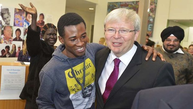 Former prime minister Kevin Rudd visits a community centre in Geelong on Friday.