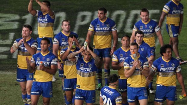 Encouraging signs &#8230; Parramatta players celebrate their win.