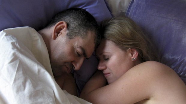 Mark and Rachel in bed in <i>Scarlet Road: A Sex Worker's Journey</i>.