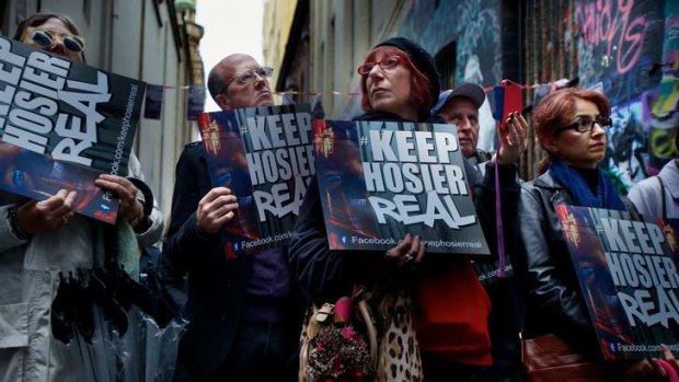 Opponents of a proposed high-rise development in Hosier Lane protest on Sunday.