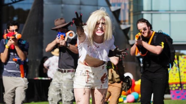 Kat Halkeas, a zombie 'hunted' at Zedtown at the University of Sydney.