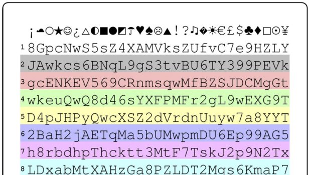 A grid of characters printed on a card is one easy way to generate complicated passwords. 