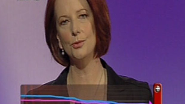 Above: The worm charts Julia Gillard's appeal on Channel Nine. Below: Tony Abbott's success according to Seven's polligraph.