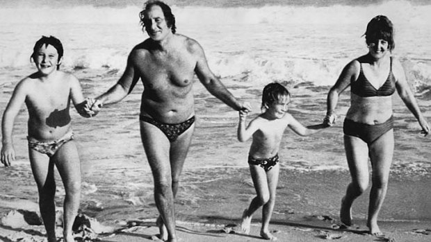 Chris Brent with Ronnie Biggs and his brother and mother in the surf in Rio.