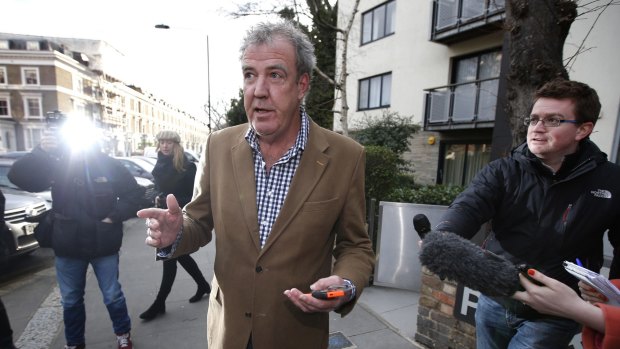 British television presenter Jeremy Clarkson leaves his home in London after his suspension by the BBC in March.