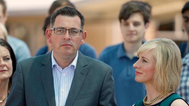 Opposition Leader Daniel Andrews with wife Catherine at the announcement at Carrum Downs Secondary College.