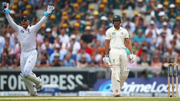 England wicketkeeper Matt Prior of England celebrates after taking a catch to dismiss Usman Khawaja off Graeme Swann in the first innings of the third Ashes Test in August. The left-hander's appeal to the third umpire went in vain.