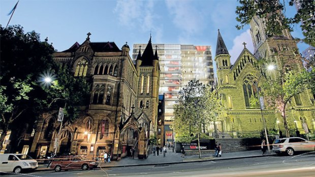 An artist's impression from Collins Street of the tower set back between Scots' Church and Assembly Hall.