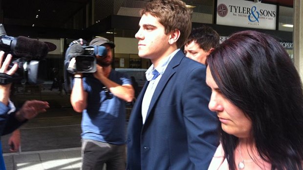Dylan Winter leaves court after being found not guilty of the charge of having caused grievous bodily harm to former WAFL footballer Luke Adams.