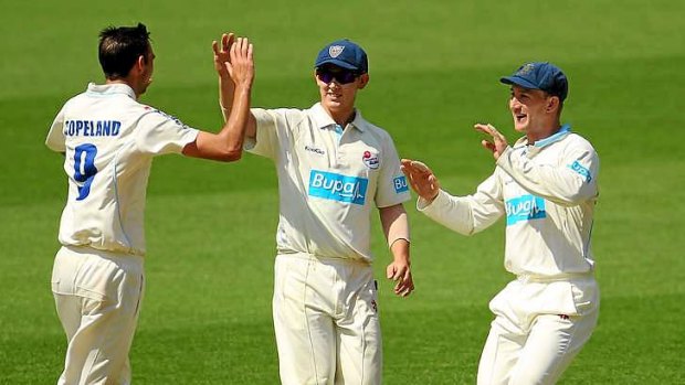 All smiles: Trent Copeland, Nic Maddinson, centre, and Peter Nevill of NSW celebrate a wicket.