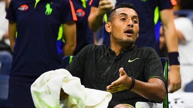 'What's the point?': Nick Kyrgios remonstrates with medical staff at the US Open.