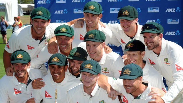 Happier times: Australia's Test team celebrate their series win over New Zealand and No.1 Test ranking in Christchurch.