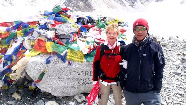 Jan Smith at Base Camp with Sherpa Setan Doge.