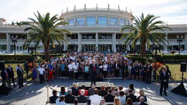 Trump speaks at Trump National Doral. New documents show the course lost money in 2014.