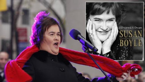 British singer Susan Boyle performs on NBC's Today show in New York. Inset: Her debut album cover.