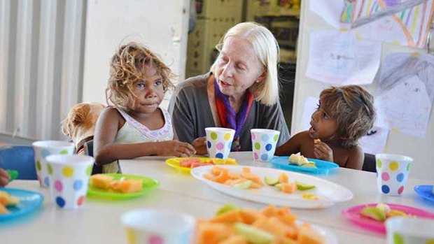 Professor Colette Tayler with early learners at the Wakathuni 0-5 Chrildren's Centre.