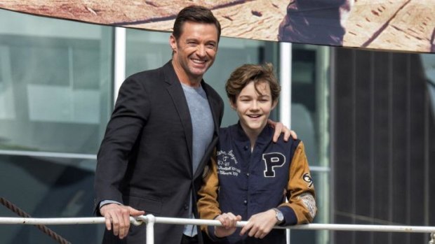 Actors Hugh Jackman and Levi Miller on the Polly Woodside in Melbourne.