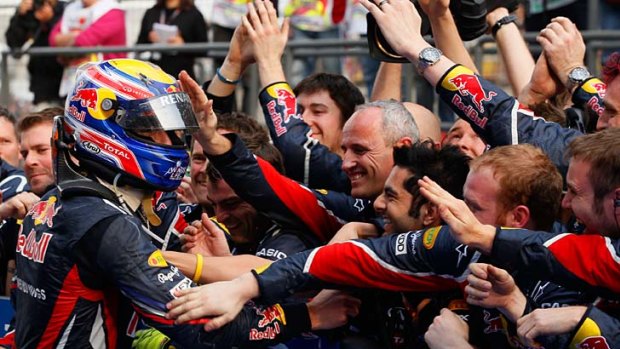 Making his Mark ... Australia's Mark Webber celebrates with his Red Bull team after placing third in the Chinese Grand Prix.