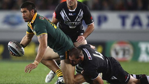 The Kiwis' enemy No.1 ... James Tamou is tackled by Simon Mannering during April's Anzac Test at Eden Park. The New Zealand-born prop is hoping for a relaxed build-up in Townsville.