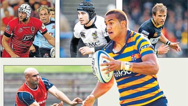 Rebels ... clockwise from left:  Adam Byrnes, Danny Cipriani,  Lachlan Mitchell,  Peter Betham,  Tim Davidson,  Laurie Weeks and; centre, Sam Cordingley