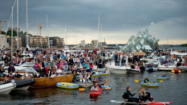 Justin Bieber fans gather in the harbour on small boats prior to Justin Biebers performance at the Opera House in Oslo, Norway.