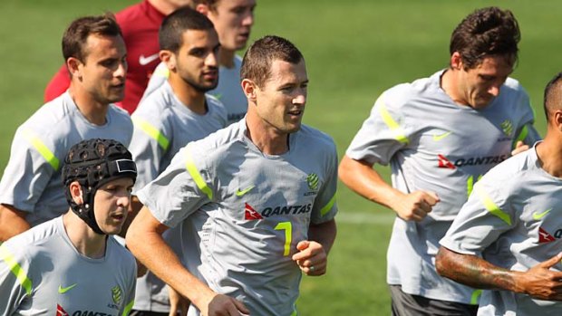 Ton target &#8230; Brett Emerton, who has 95 caps with the Socceroos, leading by example at training with his international teammates.