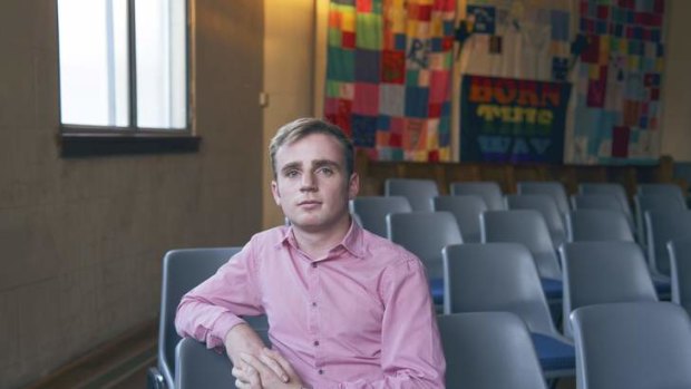 Alex Pittaway, photographed at the Metropolitan Community Church, suffered bullying and isolation while at a religious school and though he is still a Christian, is concerned about the way religious schools treat gay students.