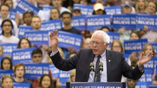 Democratic presidential candidate Senator Bernie Sanders speaks during a campaign rally at Penn State University.