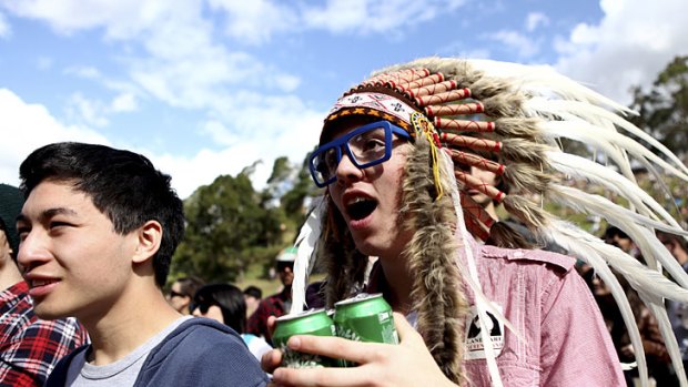 Chris McAdams (right) from Sydney enjoying the first day of Splendour in the Grass 2011 at Woodford.